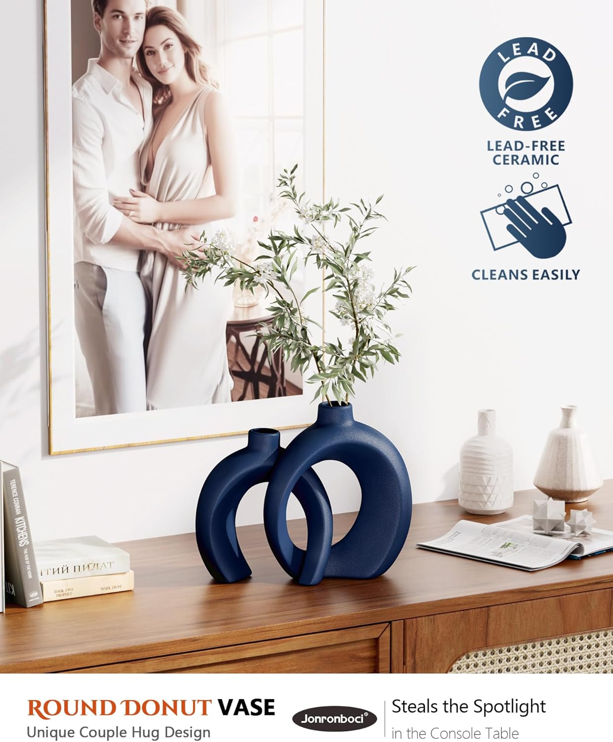 Blue Vase Set of 2 - Donut Navy Vases Home Decor, Modern Coastal Decor - Decorative Vase, Ceramic Decorations for Living Room Coffee Table Bookshelf Shelf...