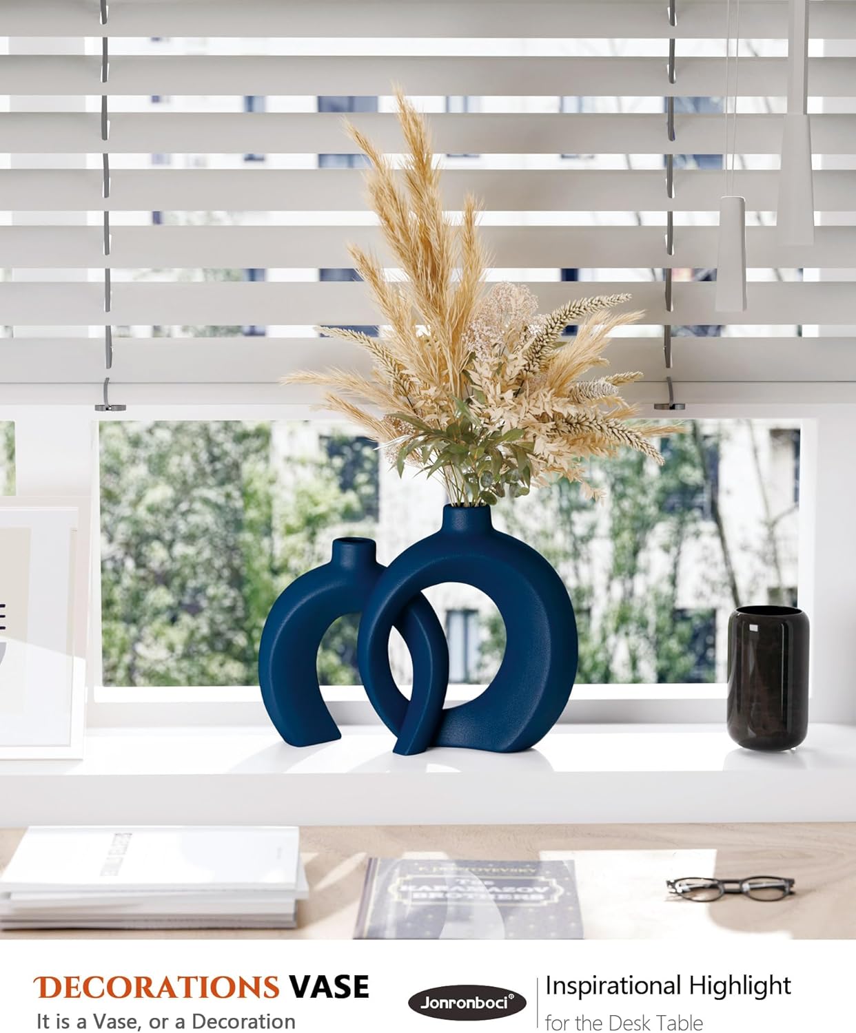 Blue Vase Set of 2 - Donut Navy Vases Home Decor, Modern Coastal Decor - Decorative Vase, Ceramic Decorations for Living Room Coffee Table Bookshelf Shelf...