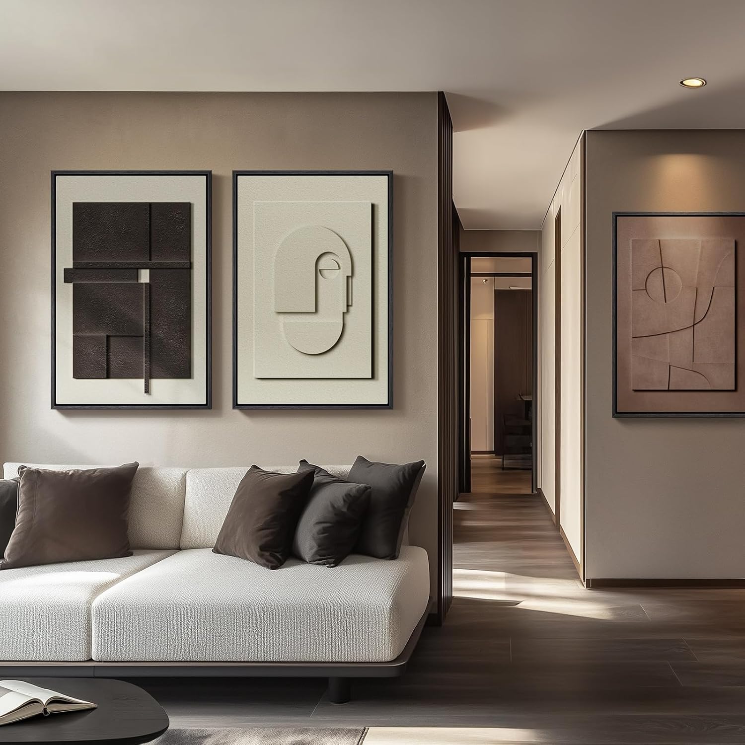 Large 3D Textured Framed Abstract Wall Art for Living Room, 3 Piece Modern Paintings Artwork for Walls, Black White Brown Geometric Sandstone Texture...
