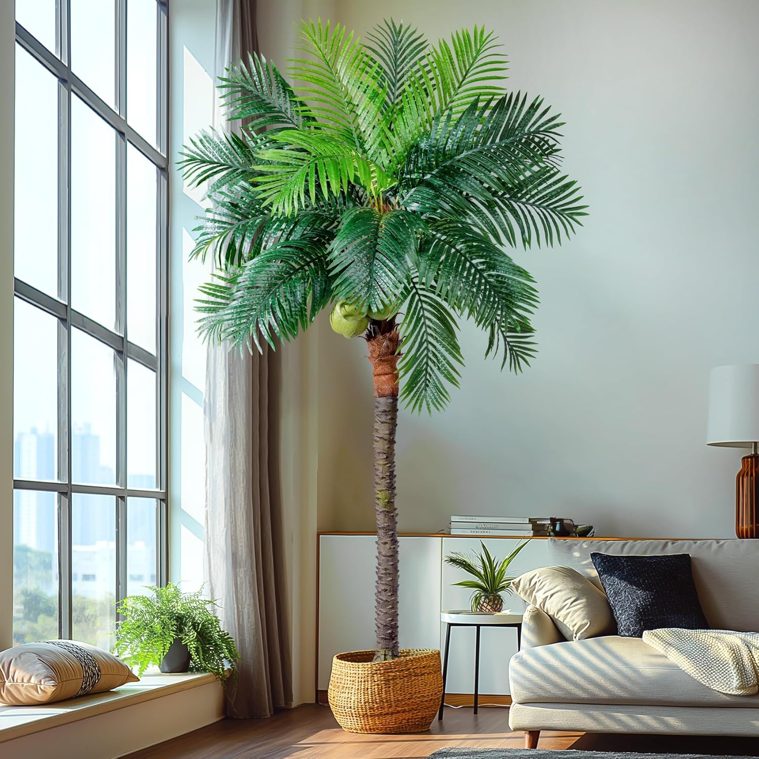 Erimda 30-Year Factory Faux Coconut Tree - 9.1FT Faux Palm Tree Realistic Thick Trunk & Heavy Duty Leaves, Hand-Carved Bark Texture, Indoor Tropical...