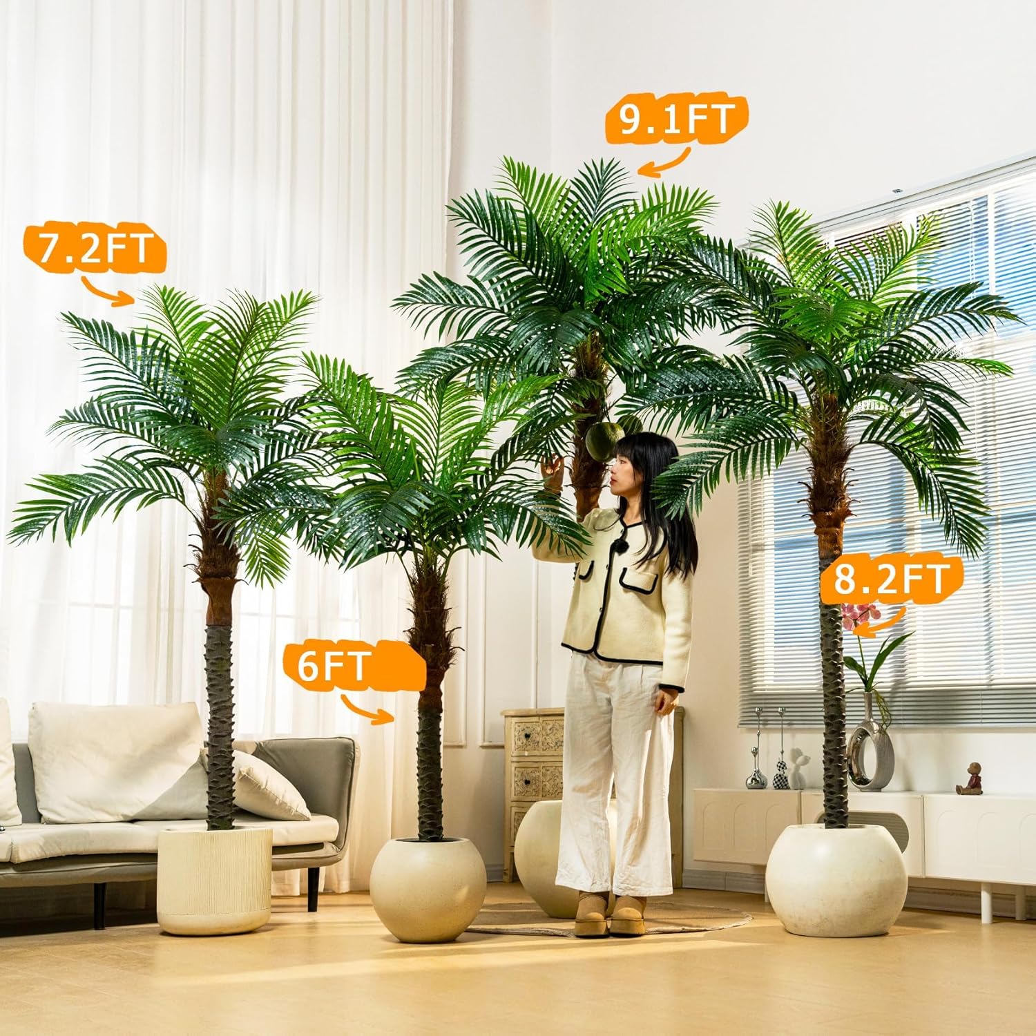 Erimda 30-Year Factory Faux Coconut Tree - 9.1FT Faux Palm Tree Realistic Thick Trunk & Heavy Duty Leaves, Hand-Carved Bark Texture, Indoor Tropical...
